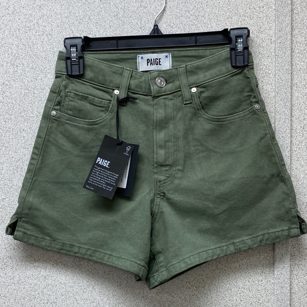 PAIGE Olive Green High-Rise Jean Shorts